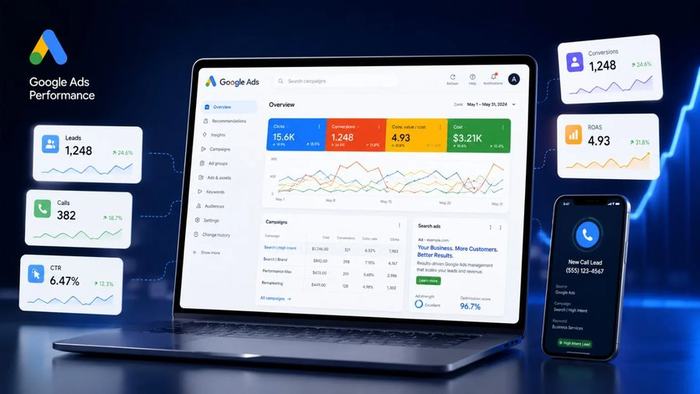 Google Ads performance dashboard mockup sa prikazom leadova, poziva i ROAS rezultata